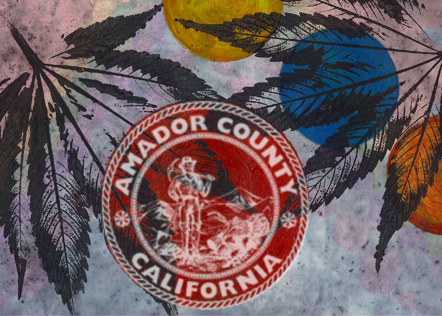 Colorful graphic of Amador County seal and cannabis leaf imprints