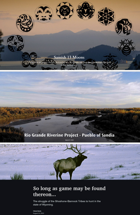 Three photographs taken from the ESRI Storymaps website showing scenes of a sunset, a wetland and a herd-grazing animal.