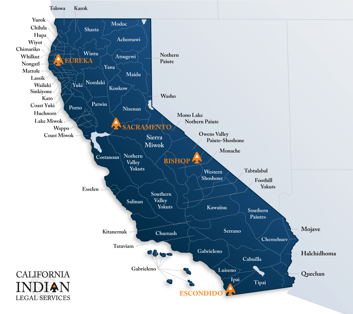 CILS-indiantribesCA-NEW Map of tribal locations throughout California on blue background.